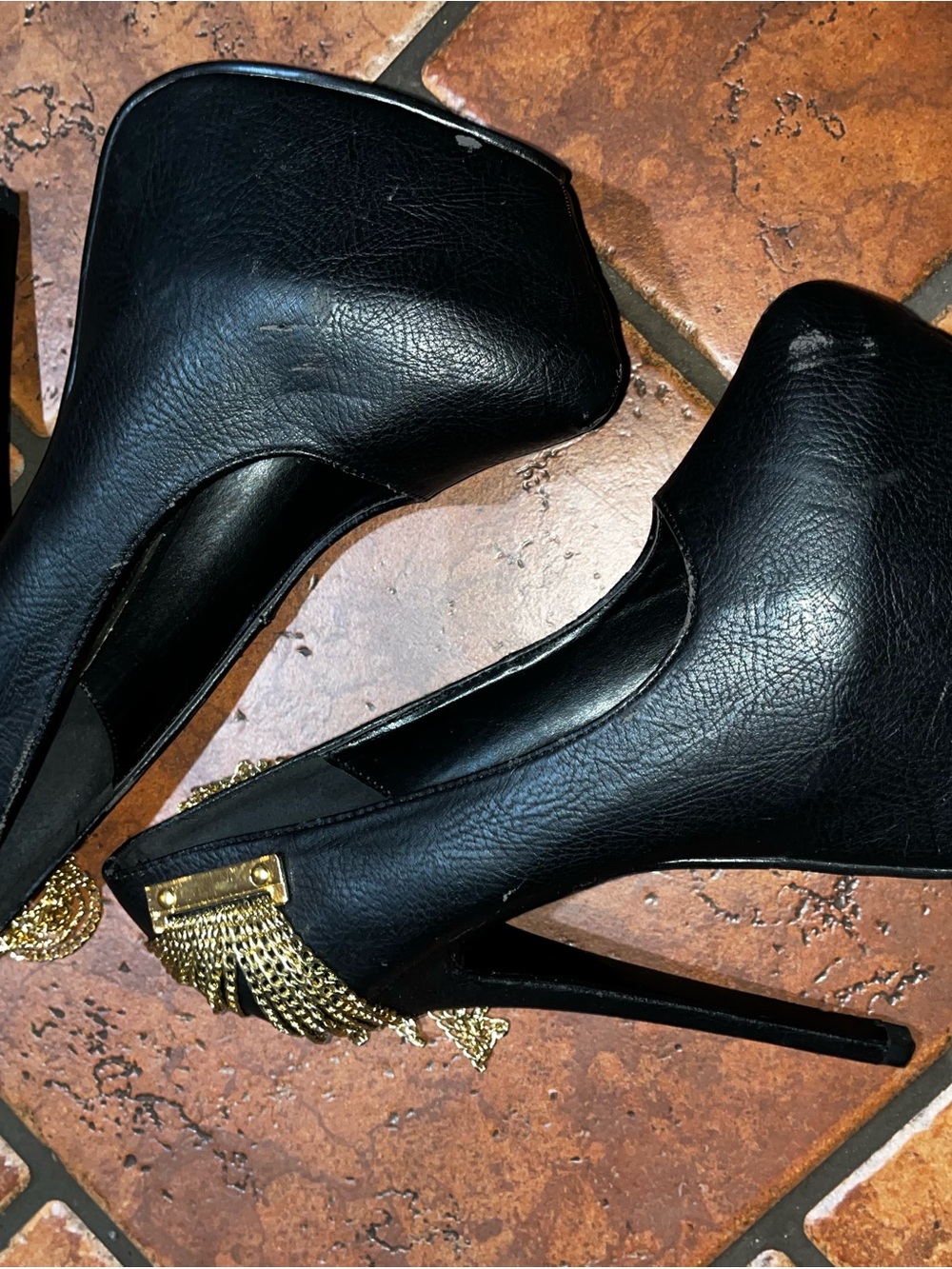 Black High Heel Pumps with Gold Chain Accent - Women's